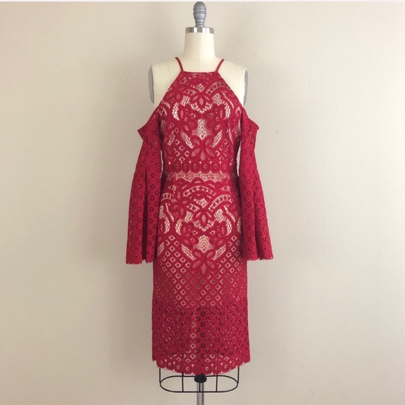 Bardot Dresses & Skirts - Bardot Mila Red Lace Cold Shoulder Midi Dress